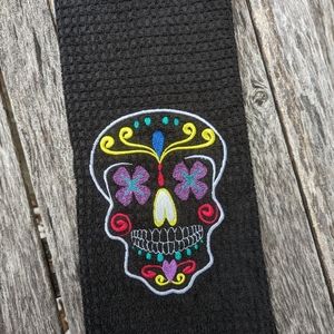 Sugar skull Halloween fall kitchen towel black embroidered dia de Los muertos